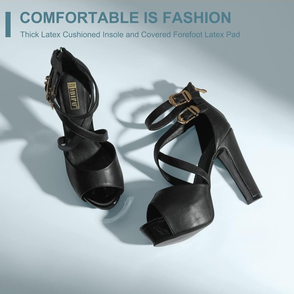 Women's IN5 Charcy Crisscross Strappy Platform High Chunky Black Heel Toe Pump - Picture 5 of 6
